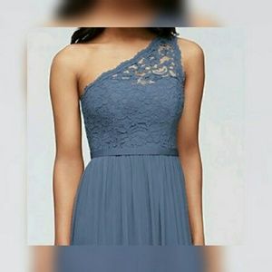 Long one shoulder lace dress steel blue